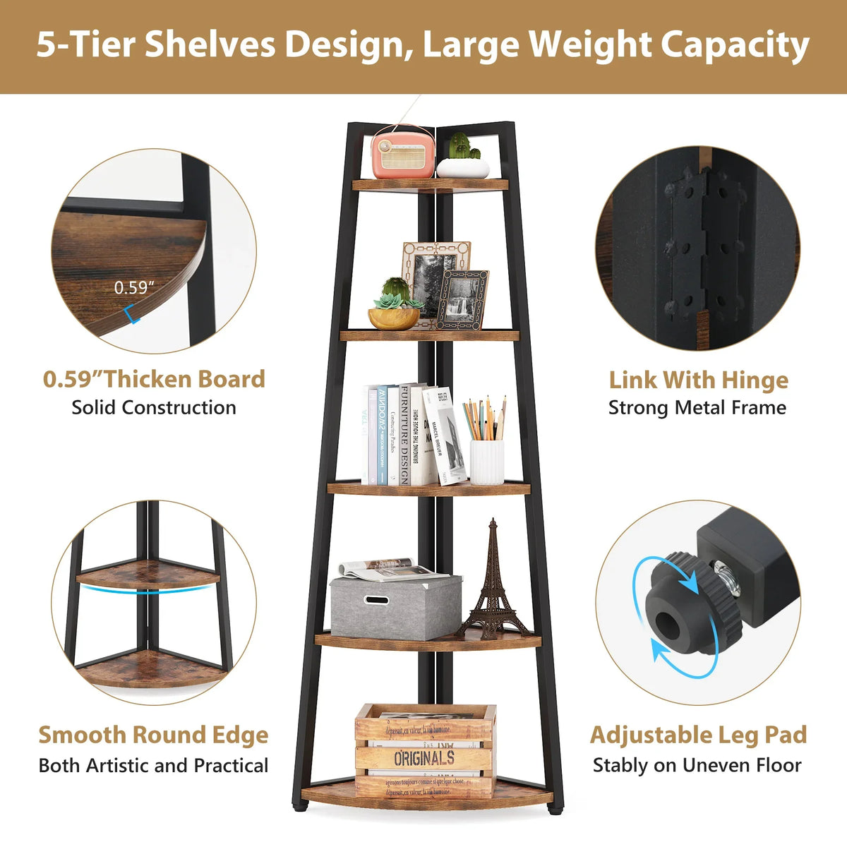 Tribesigns 5 Tier Corner Bookcase Wood Storage Rack Modern Design