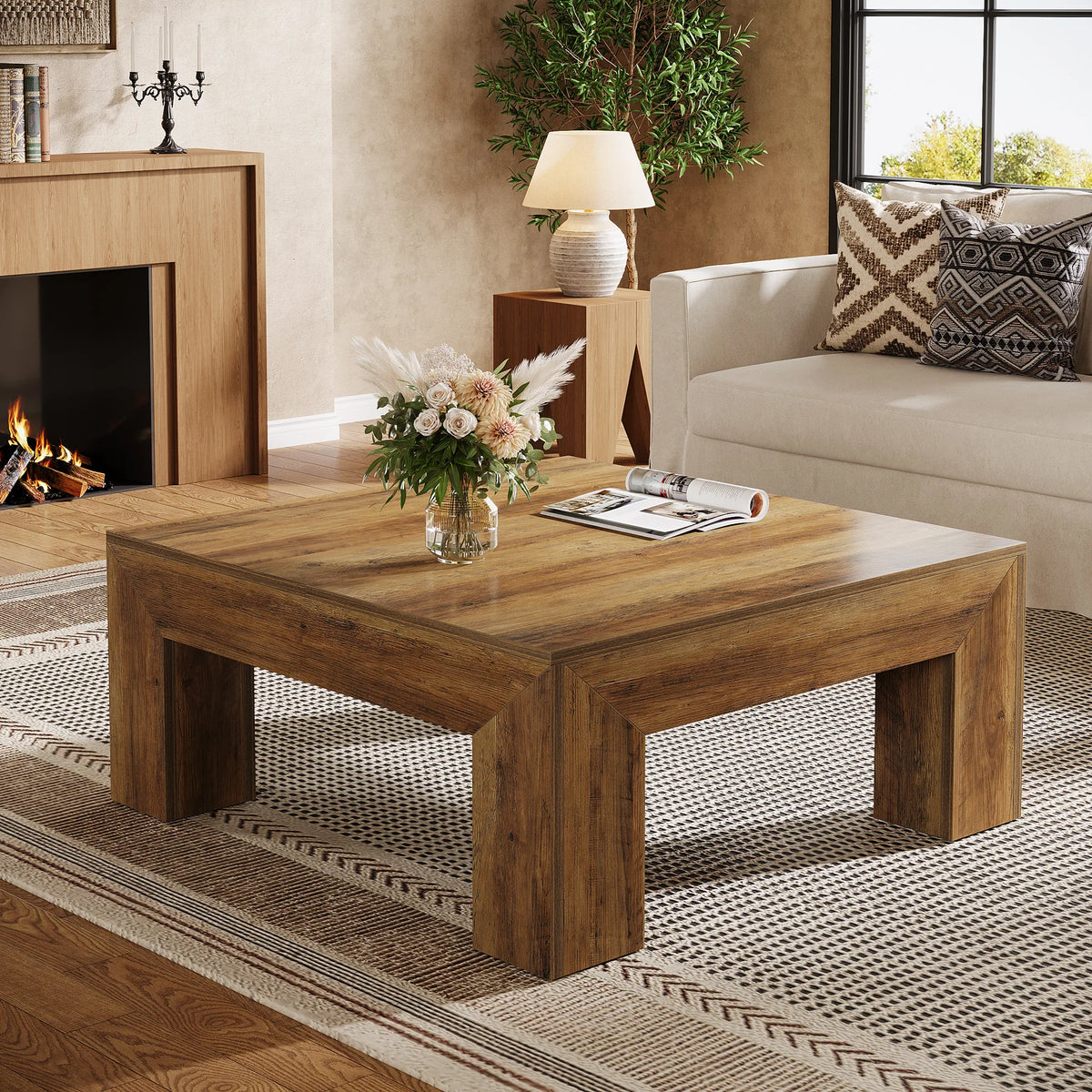 Tribesigns Farmhouse Square Wood Coffee Table With Sturdy Legs