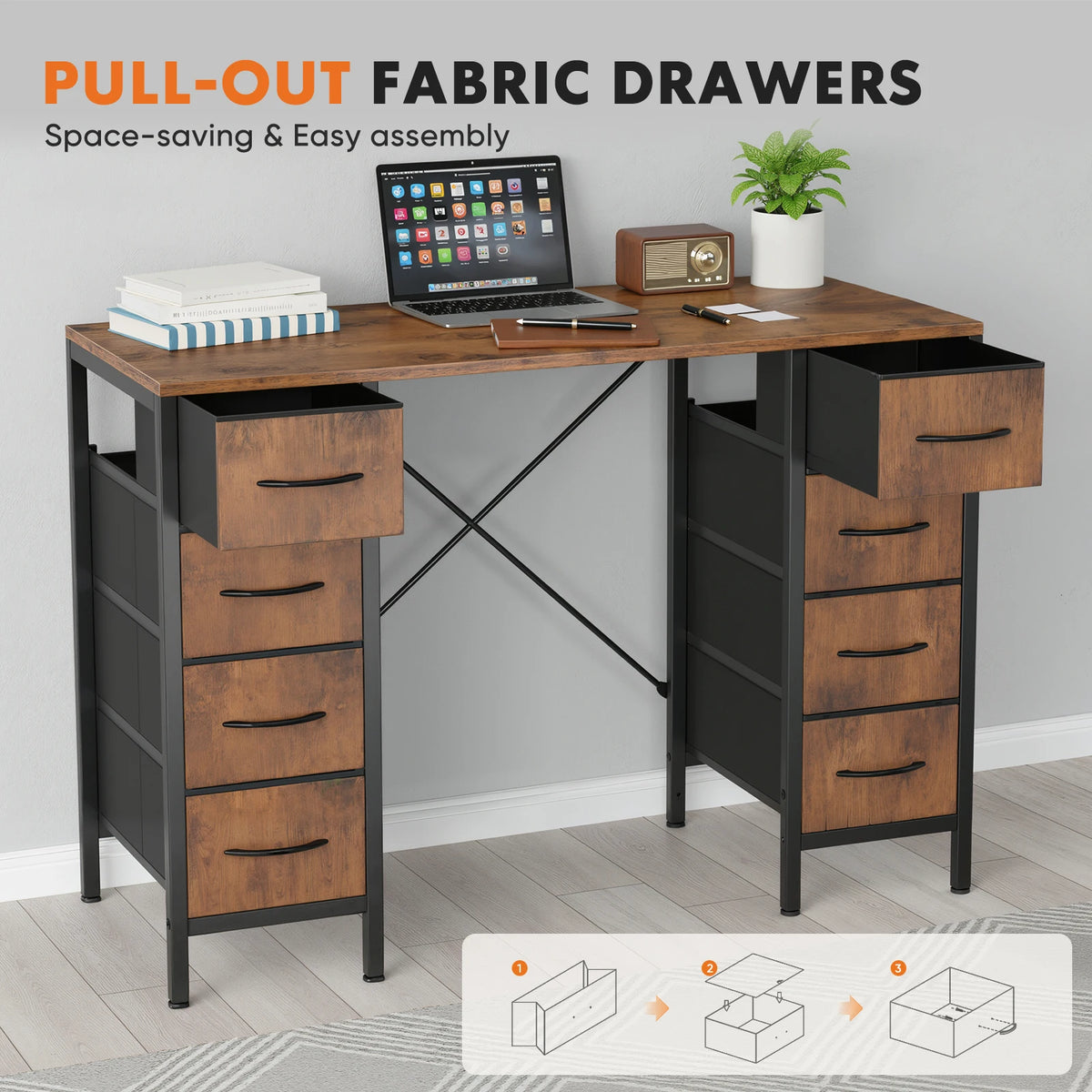 JHK 47 Inch Computer Desk with 8 Fabric Drawers Office Gaming Desk Writing Study Table with X-Shaped Reinforced Structure