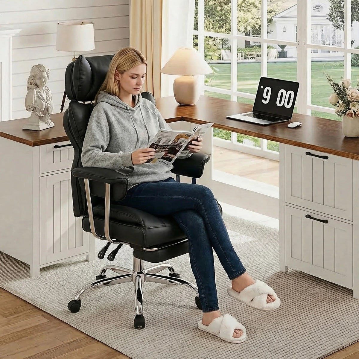 JHK Ergonomic Fixed Armrest Reclining Computer Chair with Pocket PU Leather 350 LBS Office Chair with Footrest Height Adjustable Swivel Wide Seating for Home Office