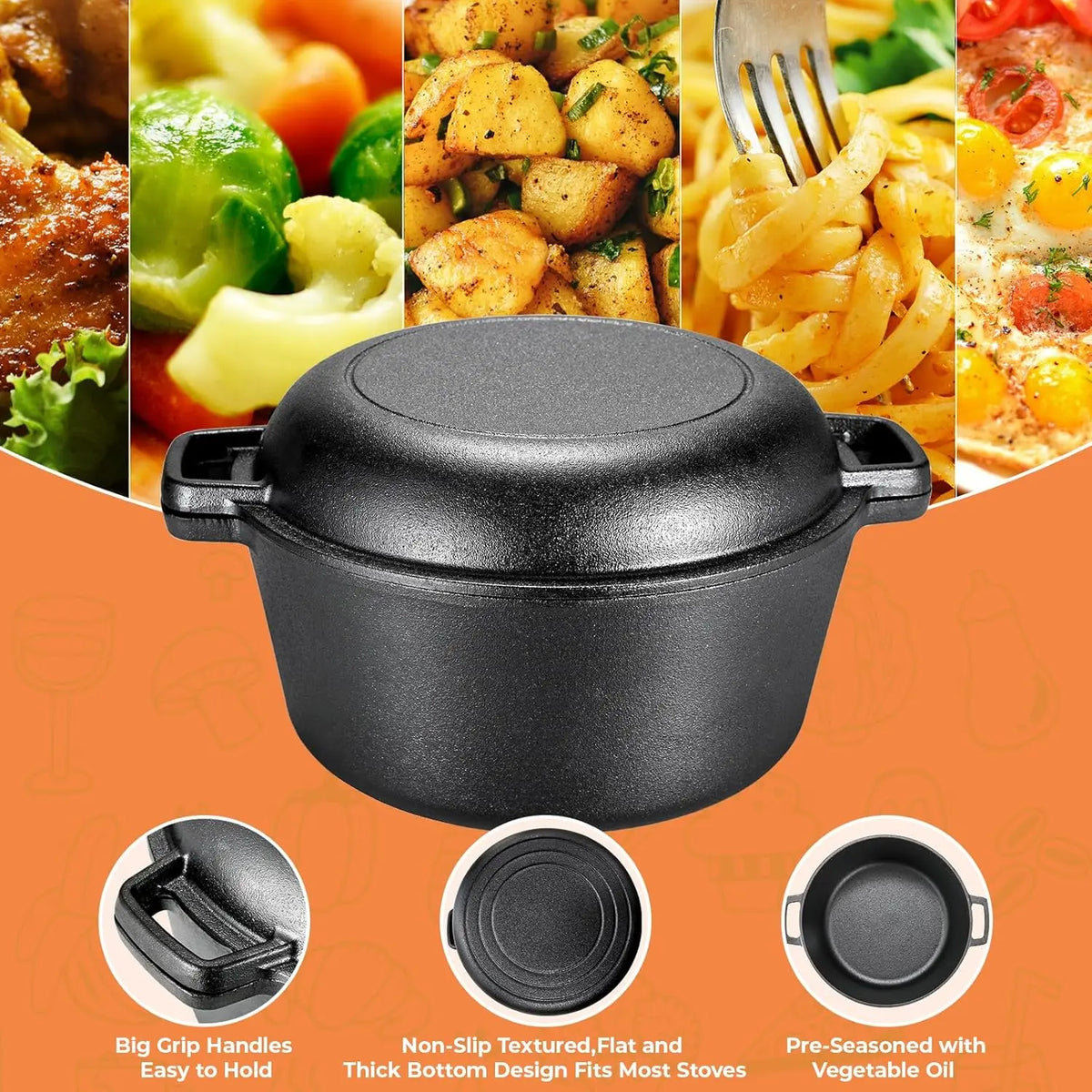 Pre Seasoned Cast Iron Double Dutch Oven With Loop Handles