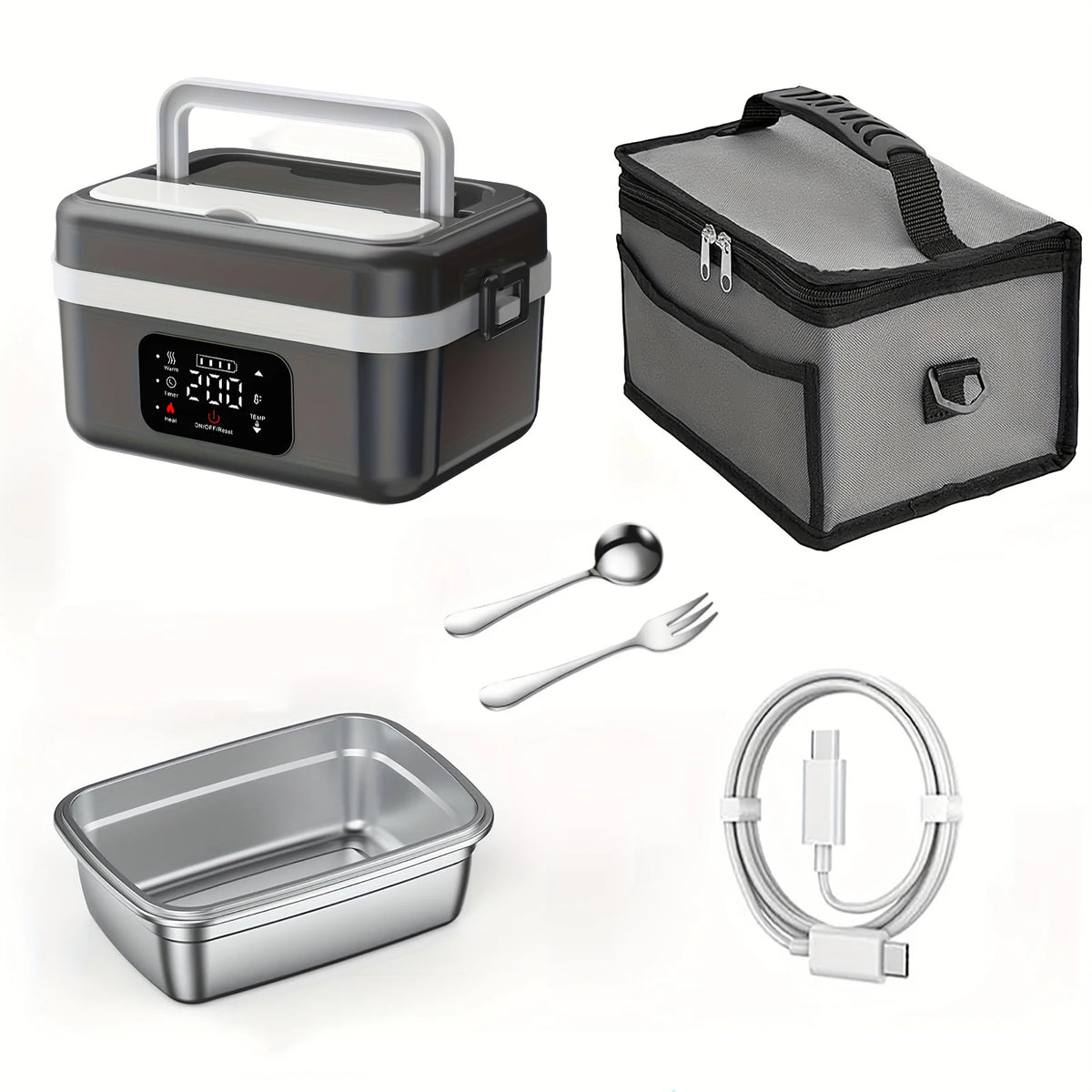 [Portable Smart Rice Box] Portable Smart Digital Display Rice Box, Built-In 9000Mah Rechargeable Power Bank, Stainless Steel Inner Liner for Insulation And Preservation, 33.81 Ounces Leak-Proof Lunch Bag, Suitable for Car, Of