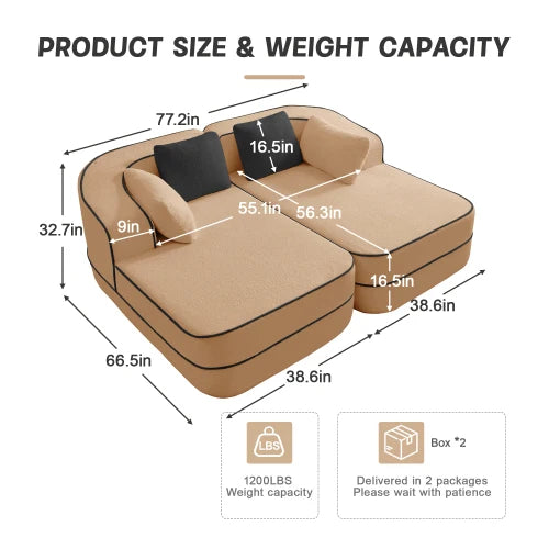 77.2" Teddy Fabric No Assembly 32D High Density sponge Boneless Sofa,Fluffy Comfy Couch with double Chaises,Sleeper sofa