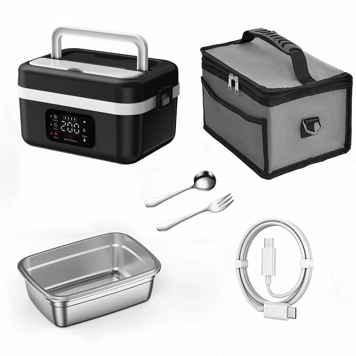 [Portable Smart Rice Box] Portable Smart Digital Display Rice Box, Built-In 9000Mah Rechargeable Power Bank, Stainless Steel Inner Liner for Insulation And Preservation, 33.81 Ounces Leak-Proof Lunch Bag, Suitable for Car, Of