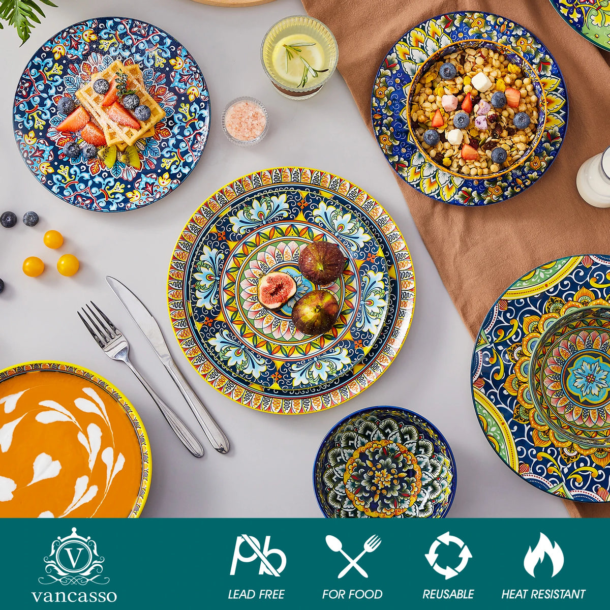 Vancasso 24 Piece Dinnerware Sets Bohemian Style Porcelain Ceramic Plates Set with 6PCS Dinner Plate/Dessert Plate/Soup/Bowl