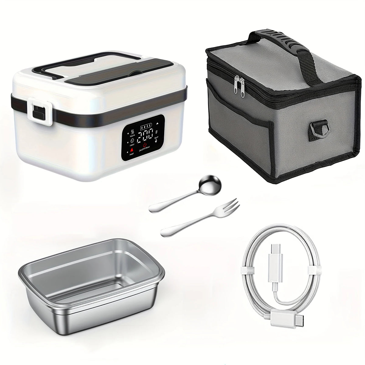 [Portable Smart Rice Box] Portable Smart Digital Display Rice Box, Built-In 9000Mah Rechargeable Power Bank, Stainless Steel Inner Liner for Insulation And Preservation, 33.81 Ounces Leak-Proof Lunch Bag, Suitable for Car, Of