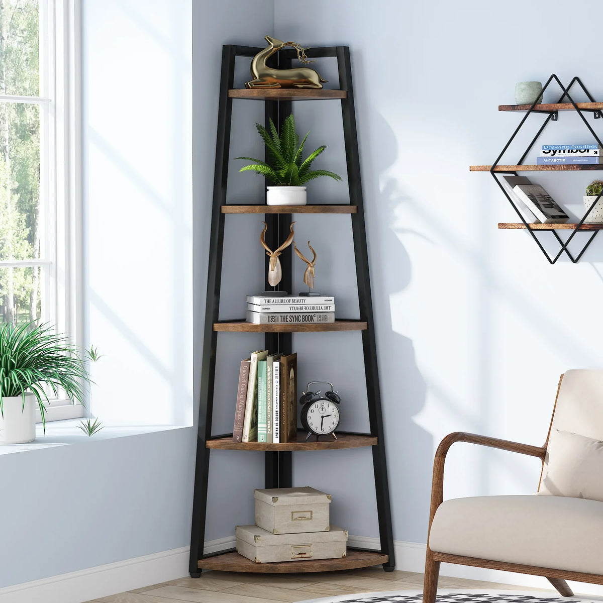 Tribesigns 5 Tier Corner Bookcase Wood Storage Rack Modern Design