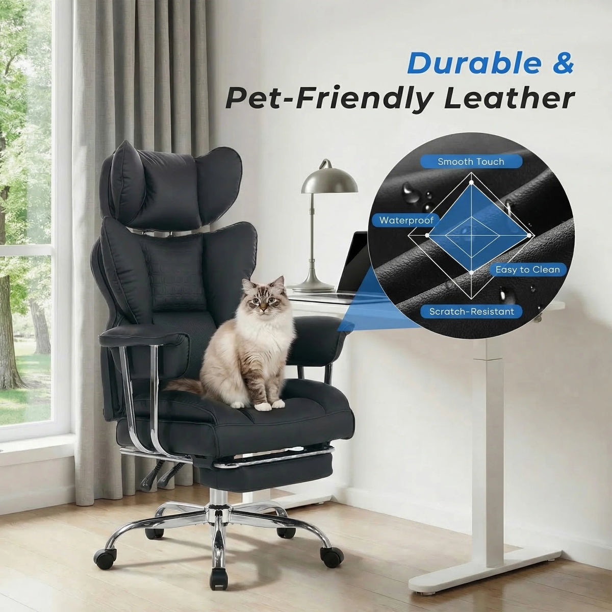JHK Ergonomic Fixed Armrest Reclining Computer Chair with Pocket PU Leather 350 LBS Office Chair with Footrest Height Adjustable Swivel Wide Seating for Home Office