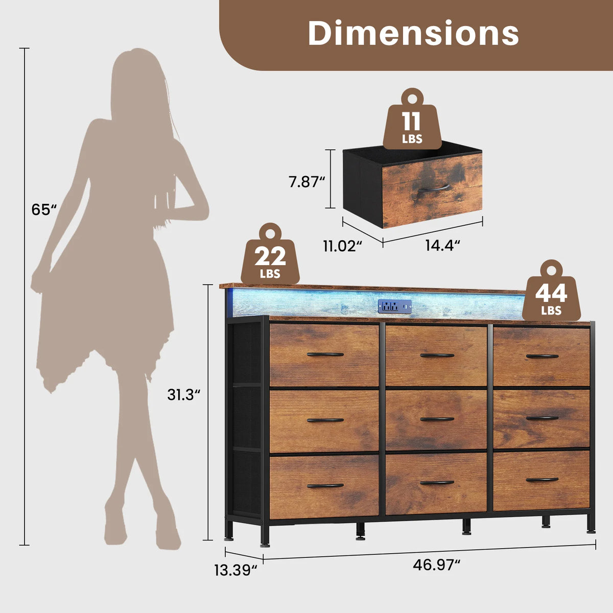 MCQ Modern Media Console TV Stand With Fabric Drawers