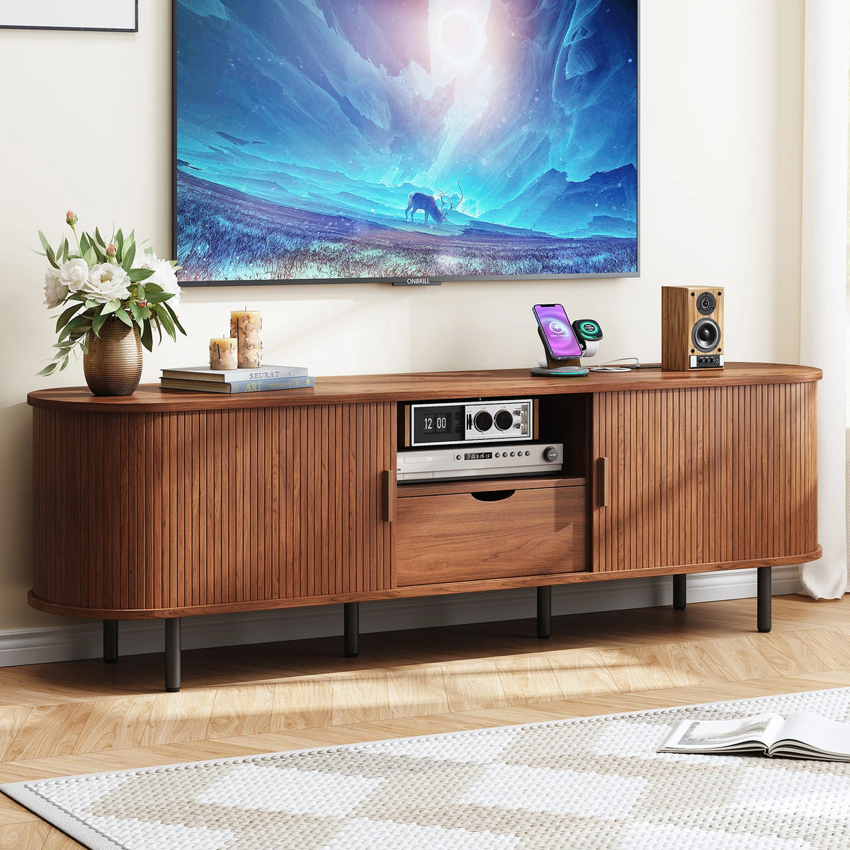 ONBRILL Modern TV Stand With Power Outlet Storage Drawer