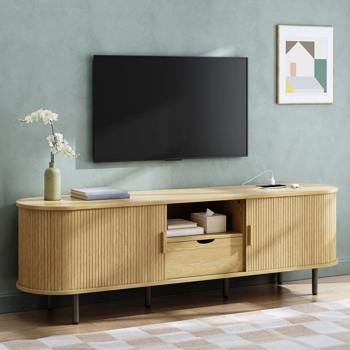 ONBRILL Modern TV Stand With Power Outlet Storage Drawer