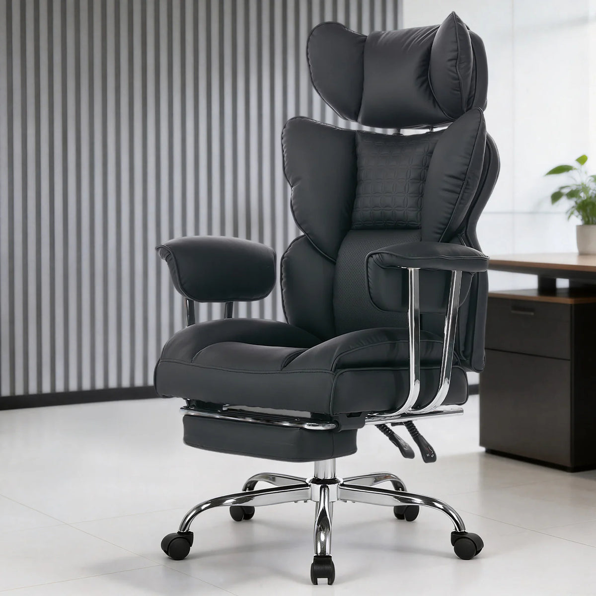JHK Ergonomic Fixed Armrest Reclining Computer Chair with Pocket PU Leather 350 LBS Office Chair with Footrest Height Adjustable Swivel Wide Seating for Home Office