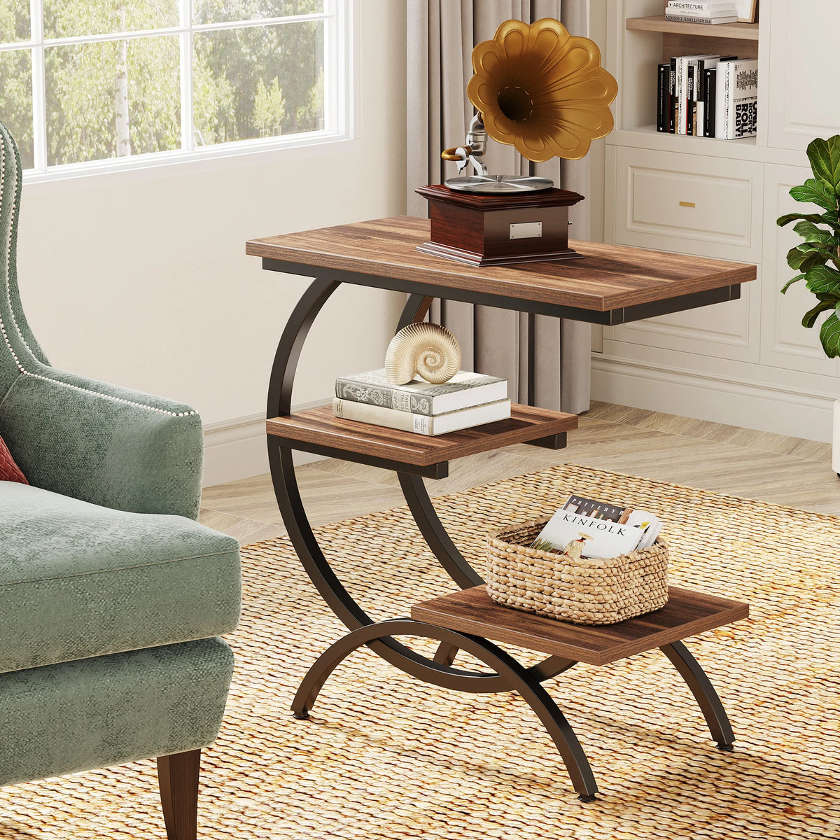 Tribesigns Industrial C Shaped Three Tier Metal End Table Desk
