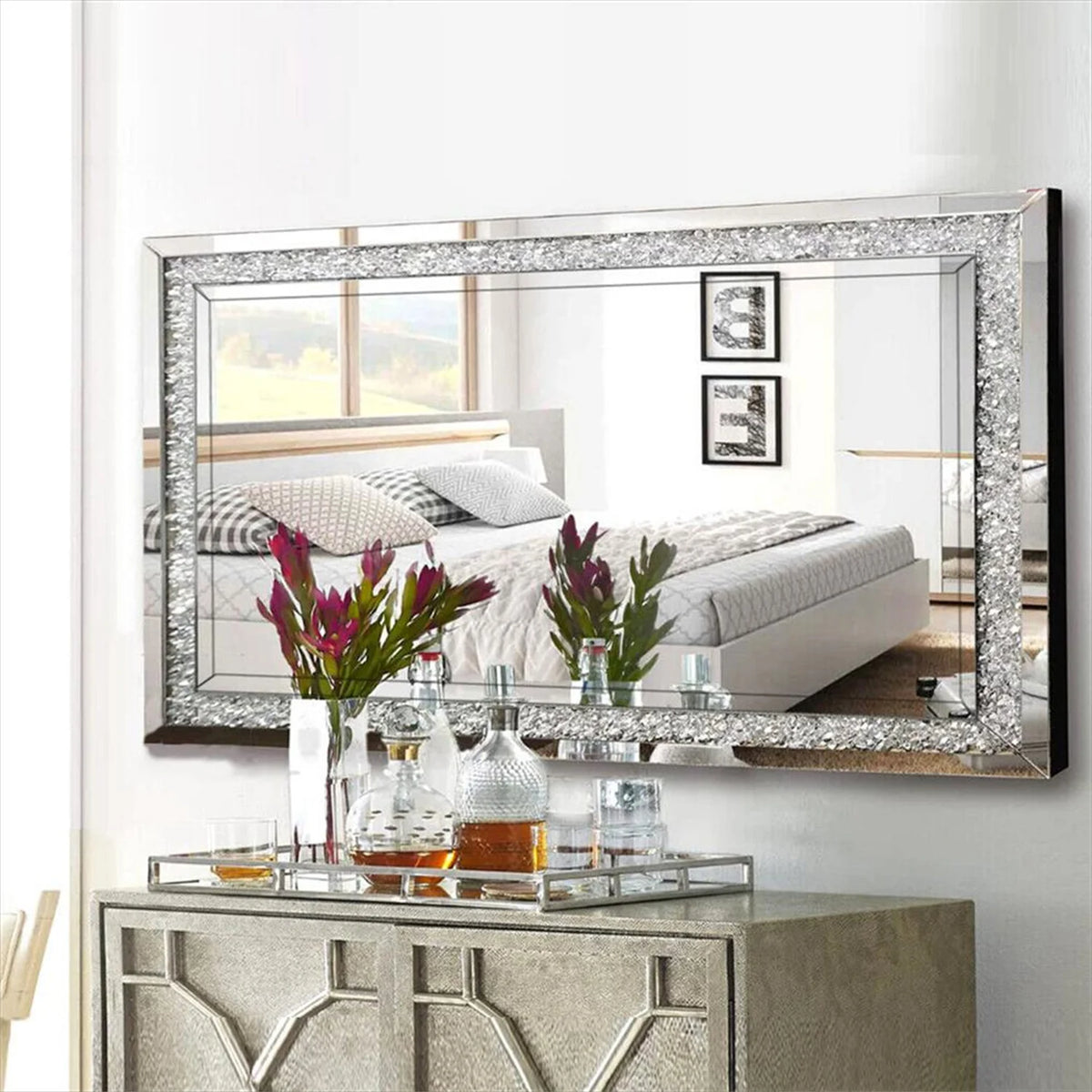 Premium Polished Wall Mirror Featuring Crystal Crush Diamond Design