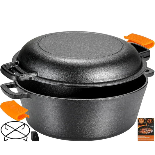 Pre Seasoned Cast Iron Double Dutch Oven With Loop Handles