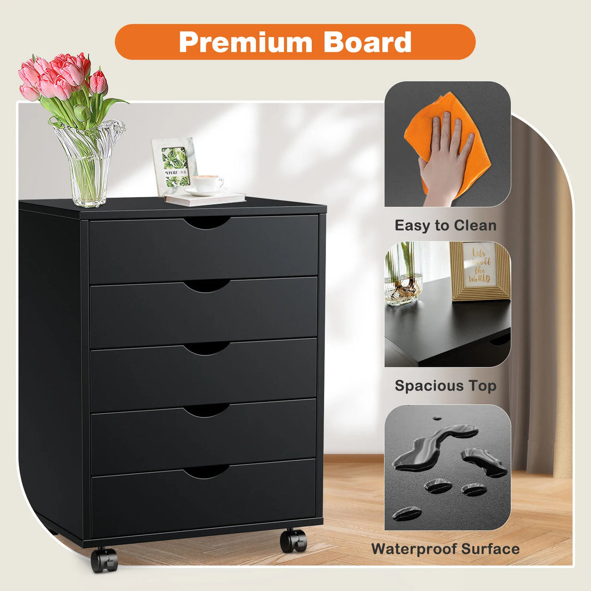 JHK Wood Nightstand Cabinet With Five Drawers And Wheels