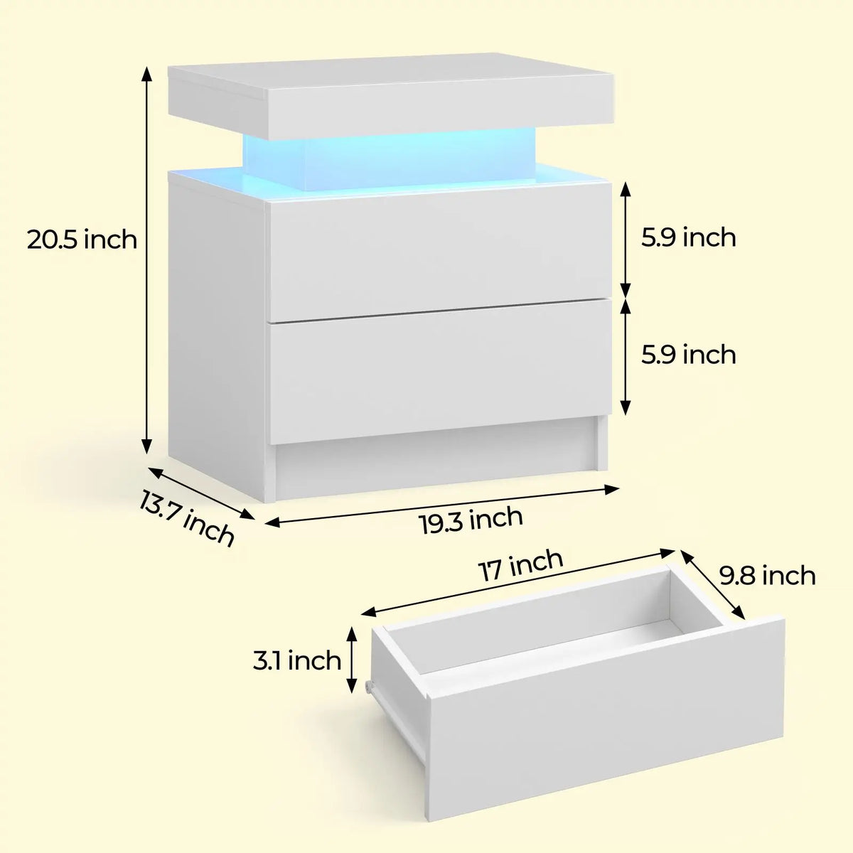Cubehom LED Nightstands With 2 Drawers RGB Lights For Bedroom