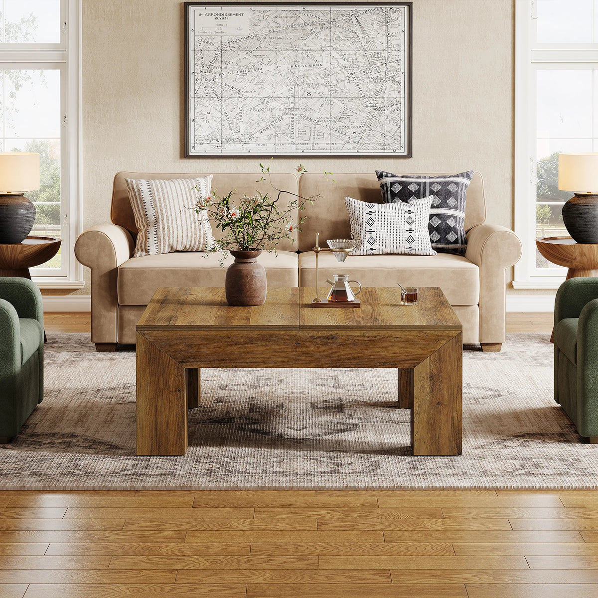 Tribesigns Farmhouse Square Wood Coffee Table With Sturdy Legs