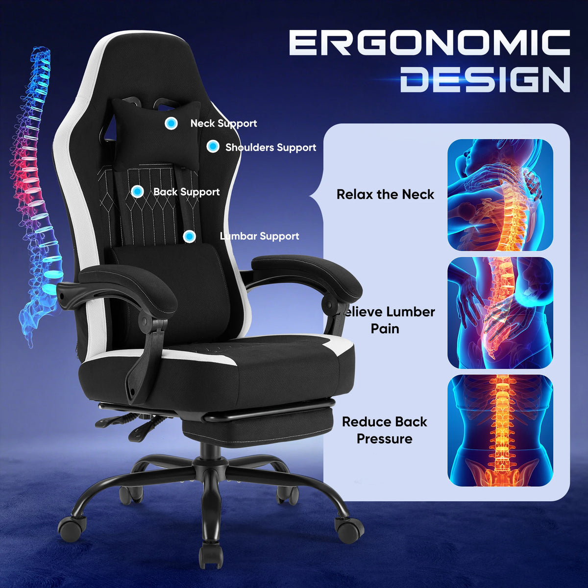 JHK Ergonomic Computer Gaming Chair Height Adjustable 360° Swivel with Headrest Lumbar Support Linkage Armrests For Office Home