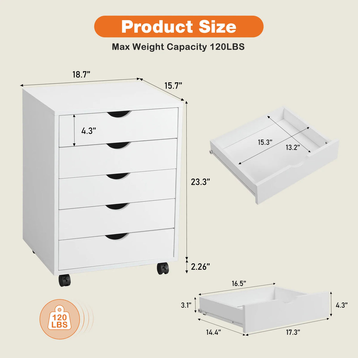 JHK Wood Nightstand Cabinet With Five Drawers And Wheels