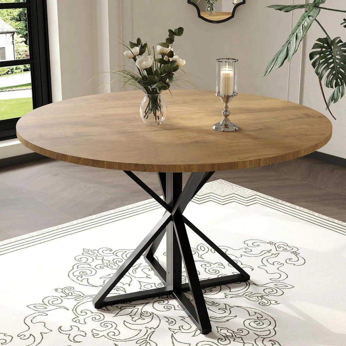 TWISTER.CK Modern Round Dining Table Wood Top Metal Pedestal