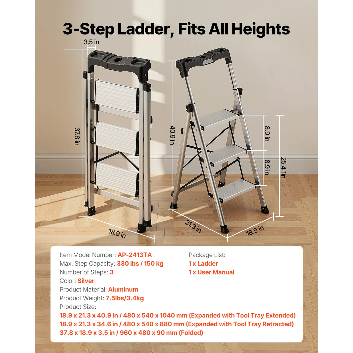 SucceBuy 3/4/5/6 Step Ladder Folding Step Stool with Anti-Slip Pedal and Comfort Handgrip 330 lbs for Kitchen Household & Office